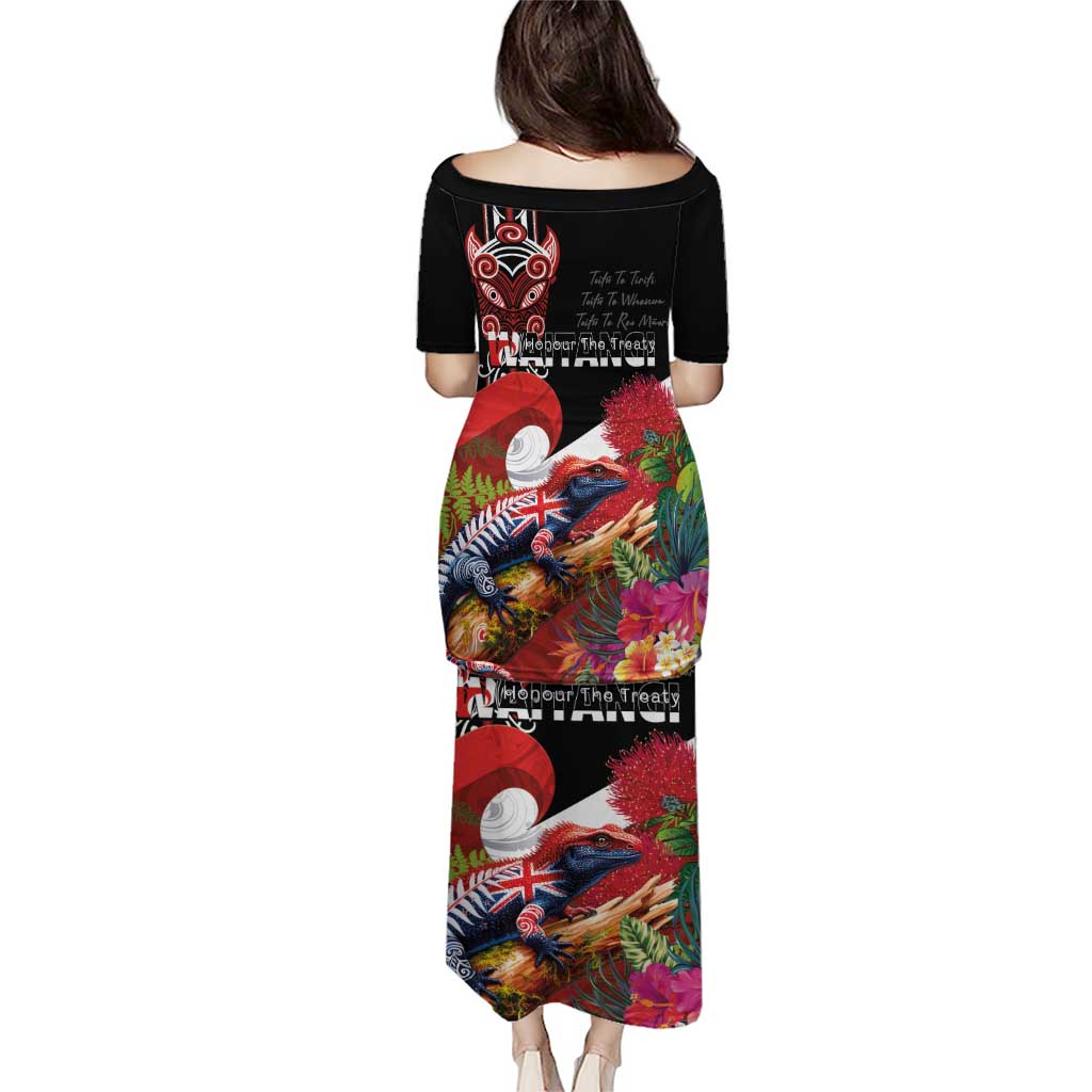 Aotearoa Toitu Te Tiriti Family Matching Puletasi and Hawaiian Shirt Waitangi-Honour The Treaty NZ Tuatara and Plants