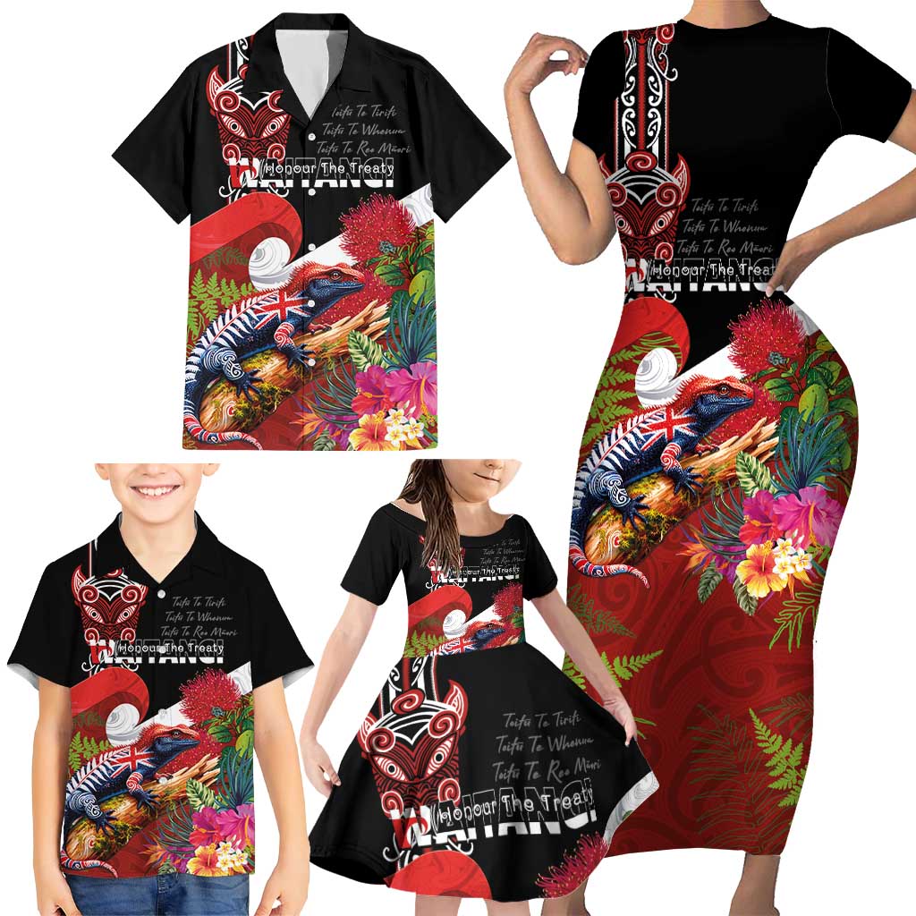 Aotearoa Toitu Te Tiriti Family Matching Short Sleeve Bodycon Dress and Hawaiian Shirt Waitangi-Honour The Treaty NZ Tuatara and Plants