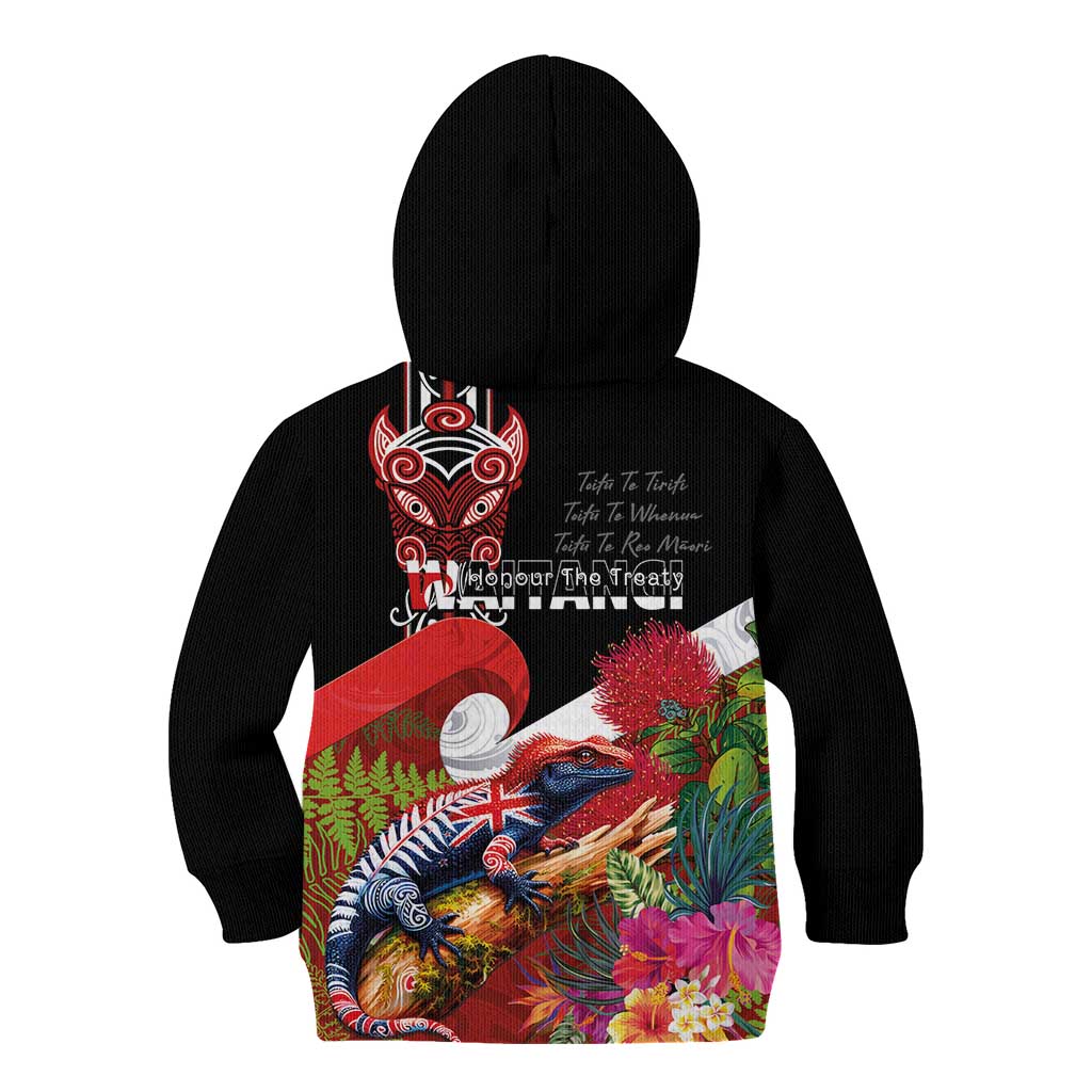 Aotearoa Toitu Te Tiriti Kid Hoodie Waitangi-Honour The Treaty NZ Tuatara and Plants