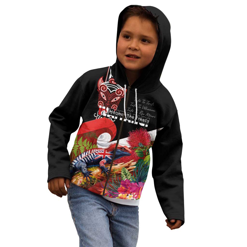 Aotearoa Toitu Te Tiriti Kid Hoodie Waitangi-Honour The Treaty NZ Tuatara and Plants