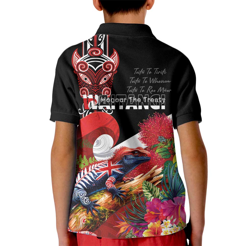 Aotearoa Toitu Te Tiriti Kid Polo Shirt Waitangi-Honour The Treaty NZ Tuatara and Plants