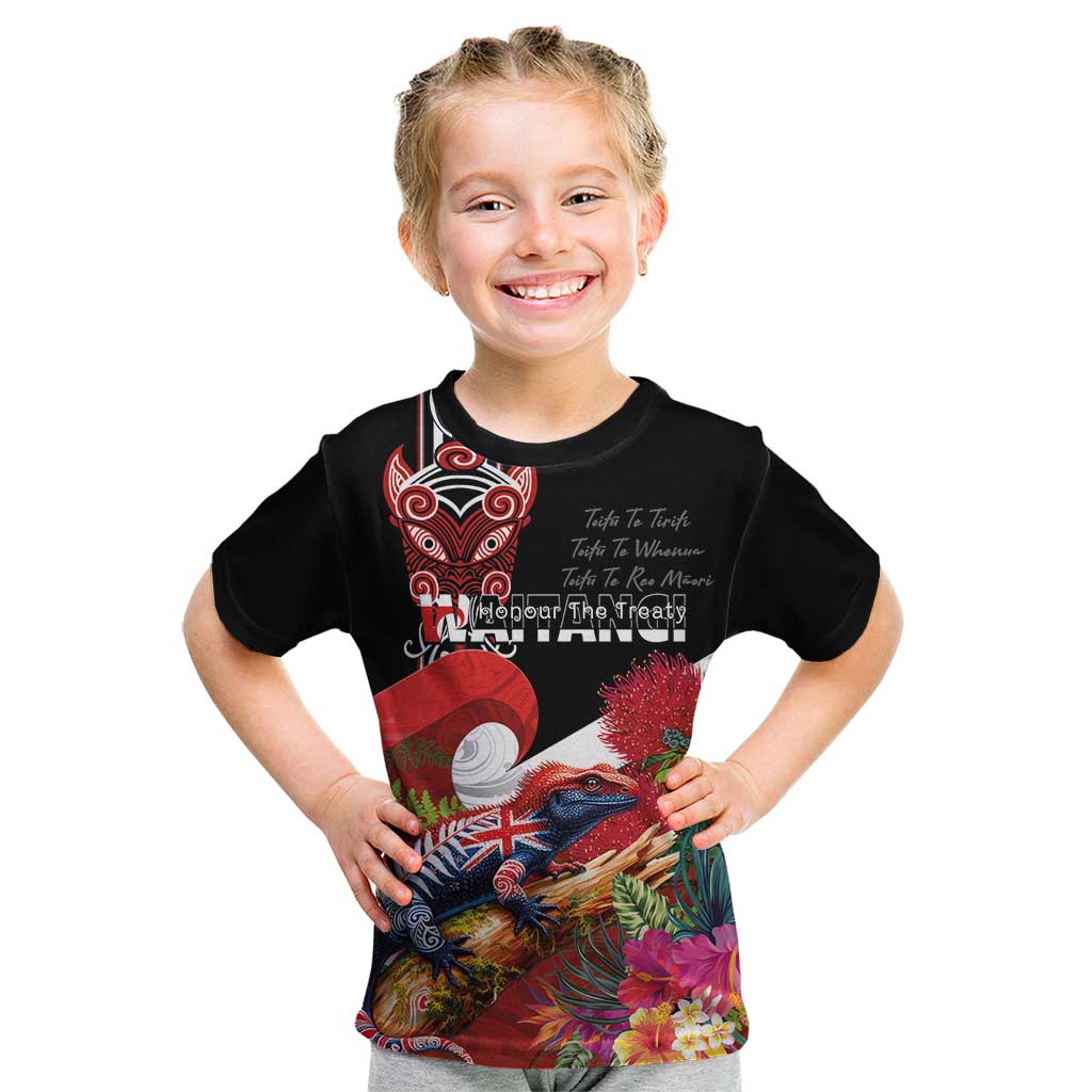 Aotearoa Toitu Te Tiriti Kid T Shirt Waitangi-Honour The Treaty NZ Tuatara and Plants