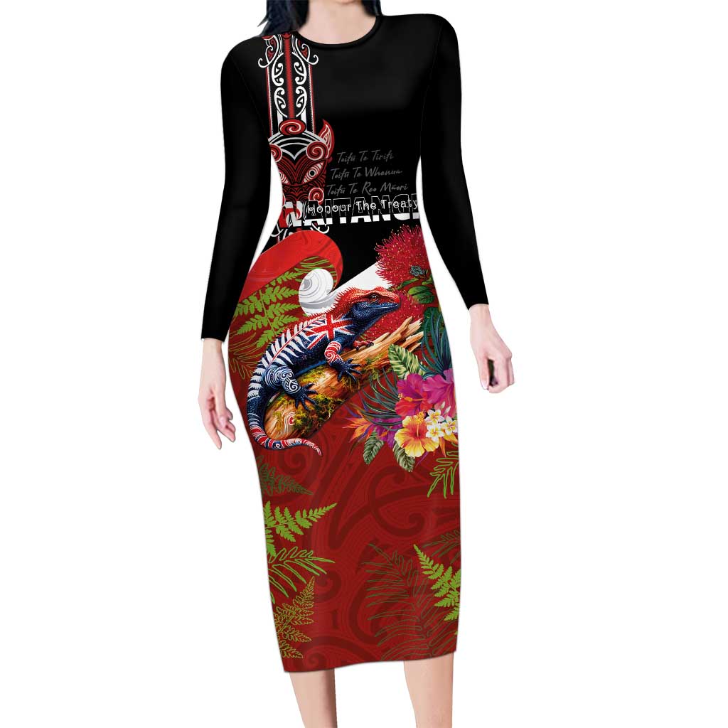 Aotearoa Toitu Te Tiriti Long Sleeve Bodycon Dress Waitangi-Honour The Treaty NZ Tuatara and Plants