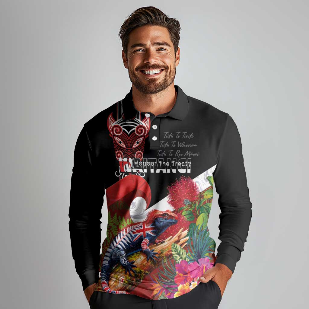 Aotearoa Toitu Te Tiriti Long Sleeve Polo Shirt Waitangi-Honour The Treaty NZ Tuatara and Plants