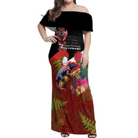 Aotearoa Toitu Te Tiriti Off Shoulder Maxi Dress Waitangi-Honour The Treaty NZ Tuatara and Plants