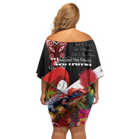 Aotearoa Toitu Te Tiriti Off Shoulder Short Dress Waitangi-Honour The Treaty NZ Tuatara and Plants