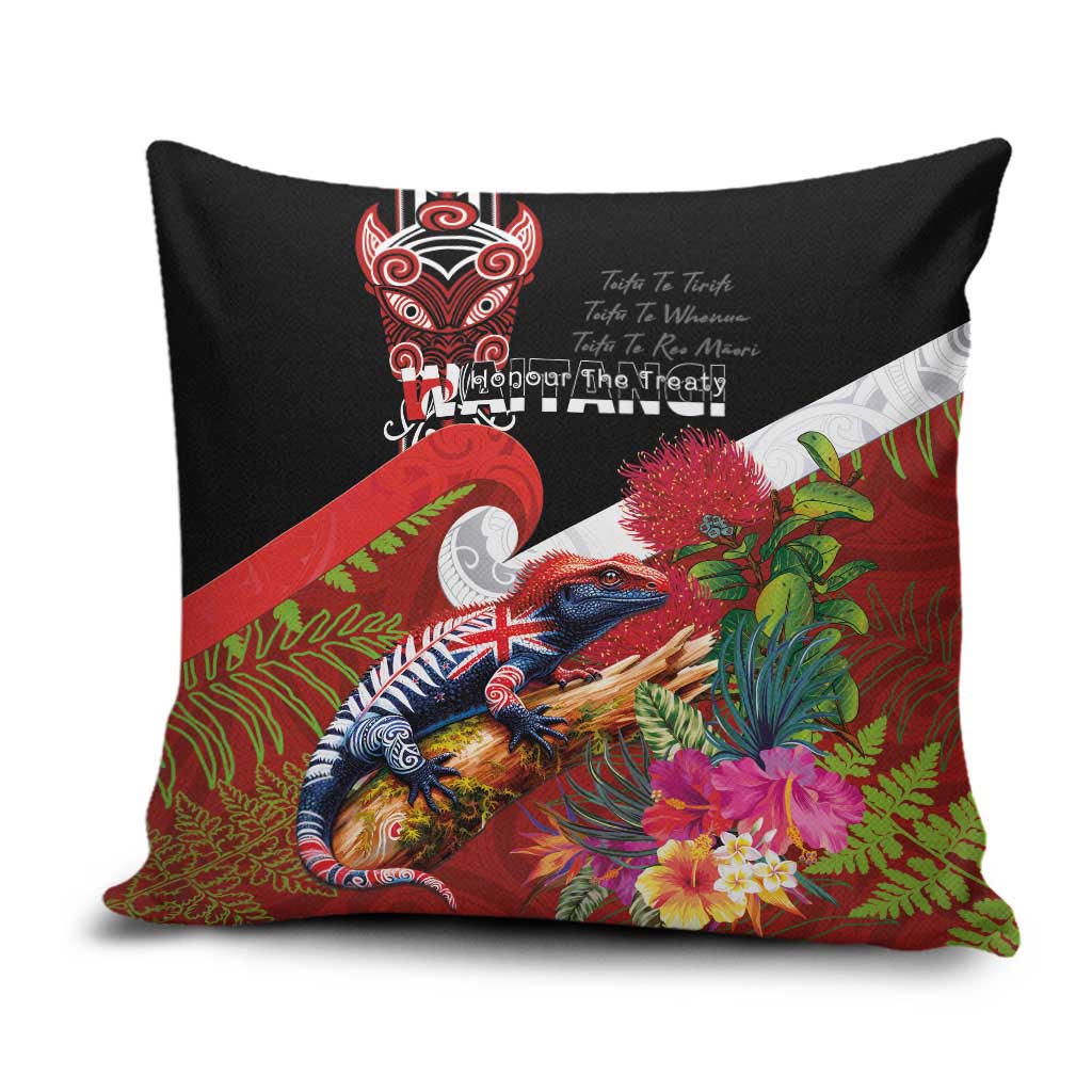 Aotearoa Toitu Te Tiriti Pillow Cover Waitangi-Honour The Treaty NZ Tuatara and Plants