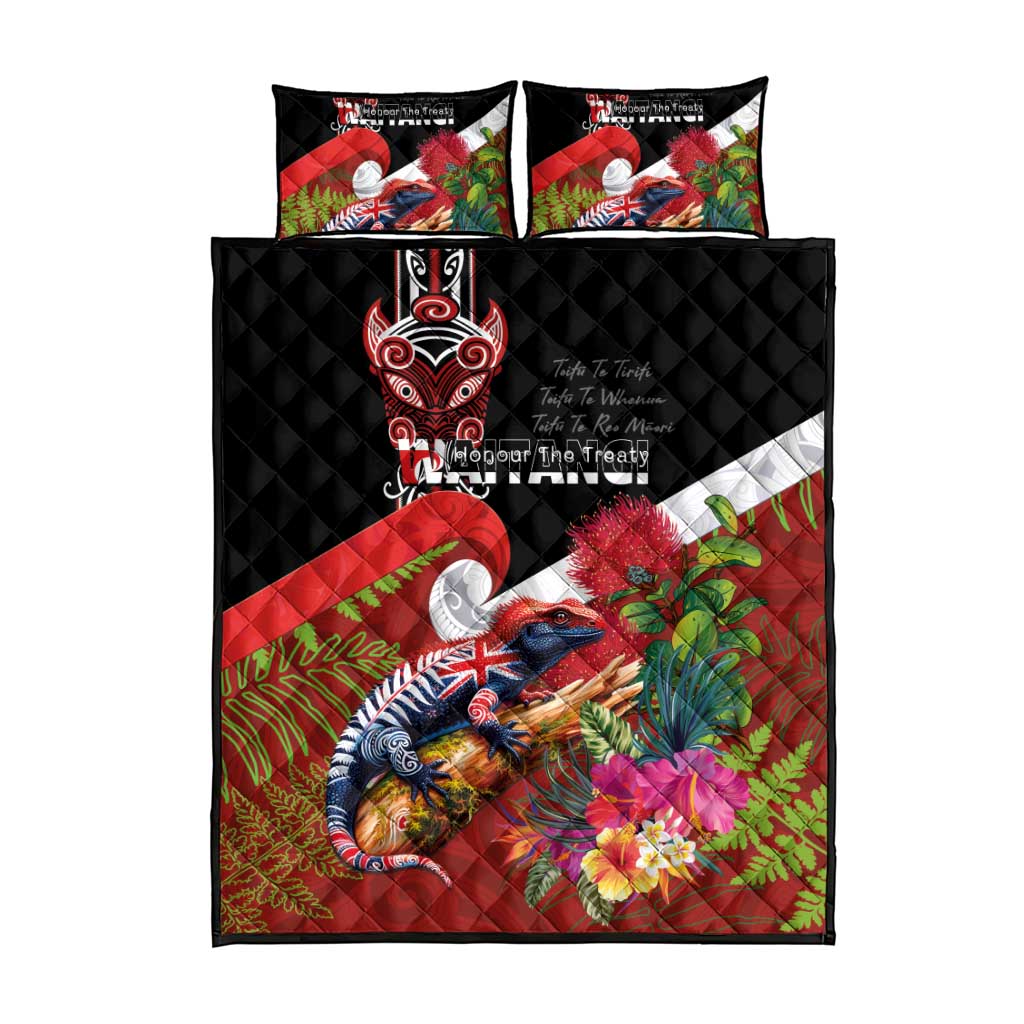 Aotearoa Toitu Te Tiriti Quilt Bed Set Waitangi-Honour The Treaty NZ Tuatara and Plants
