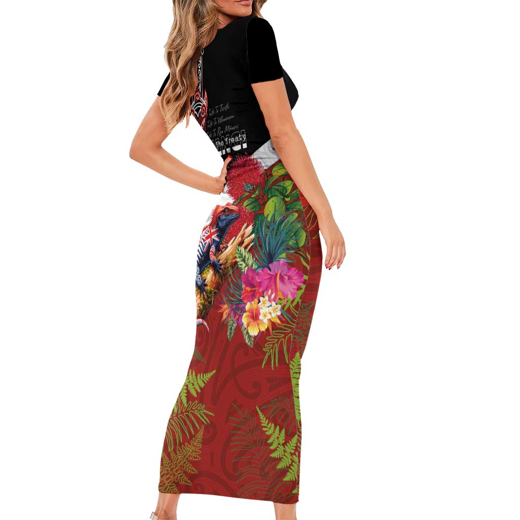 Aotearoa Toitu Te Tiriti Short Sleeve Bodycon Dress Waitangi-Honour The Treaty NZ Tuatara and Plants