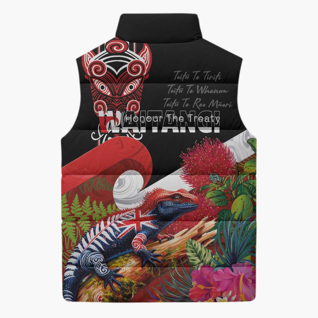 Aotearoa Toitu Te Tiriti Sleeveless Puffer Jacket Waitangi-Honour The Treaty NZ Tuatara and Plants