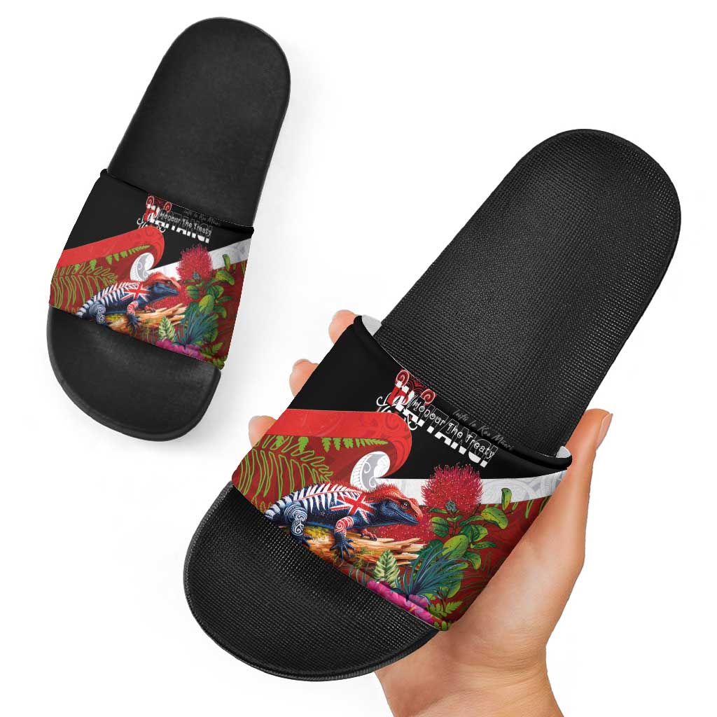 Aotearoa Toitu Te Tiriti Slide Sandals Waitangi-Honour The Treaty NZ Tuatara and Plants