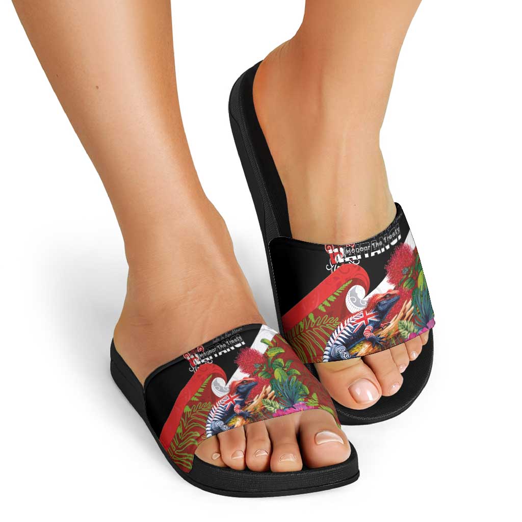 Aotearoa Toitu Te Tiriti Slide Sandals Waitangi-Honour The Treaty NZ Tuatara and Plants