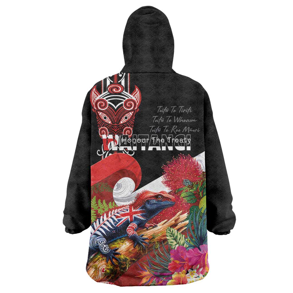 Aotearoa Toitu Te Tiriti Wearable Blanket Hoodie Waitangi-Honour The Treaty NZ Tuatara and Plants