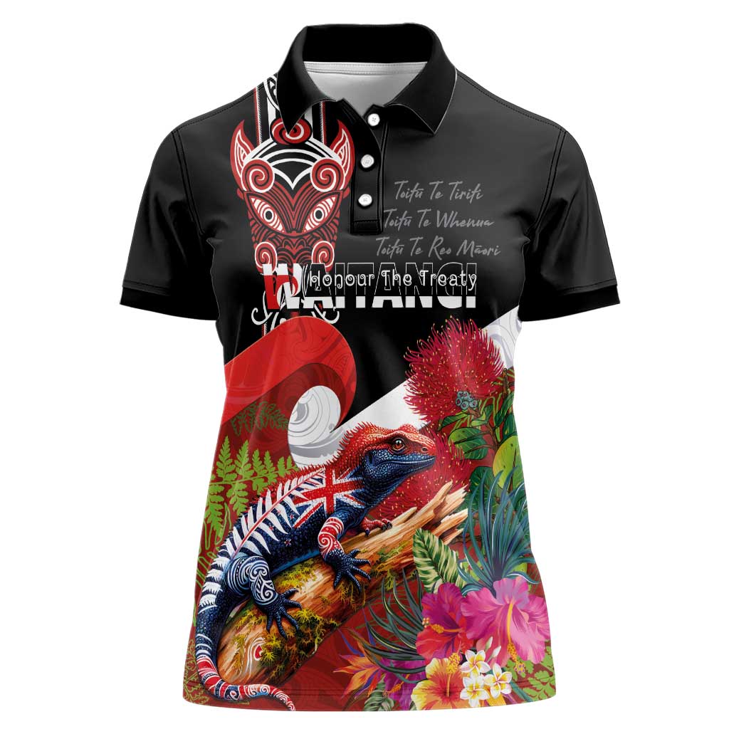 Aotearoa Toitu Te Tiriti Women Polo Shirt Waitangi-Honour The Treaty NZ Tuatara and Plants