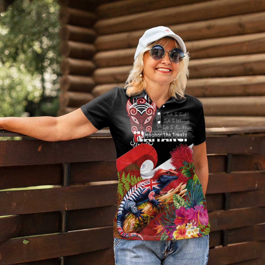 Aotearoa Toitu Te Tiriti Women Polo Shirt Waitangi-Honour The Treaty NZ Tuatara and Plants
