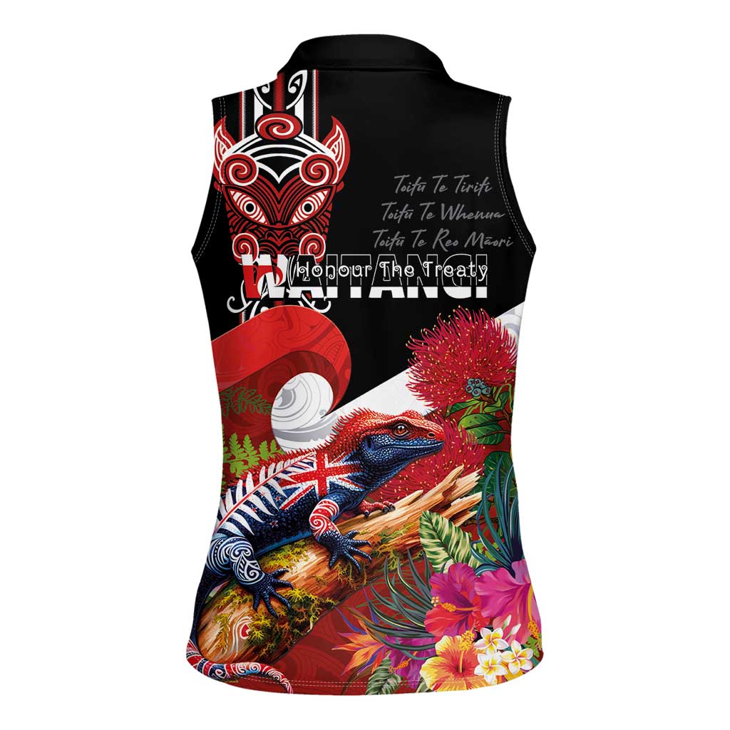 Aotearoa Toitu Te Tiriti Women Sleeveless Polo Shirt Waitangi-Honour The Treaty NZ Tuatara and Plants