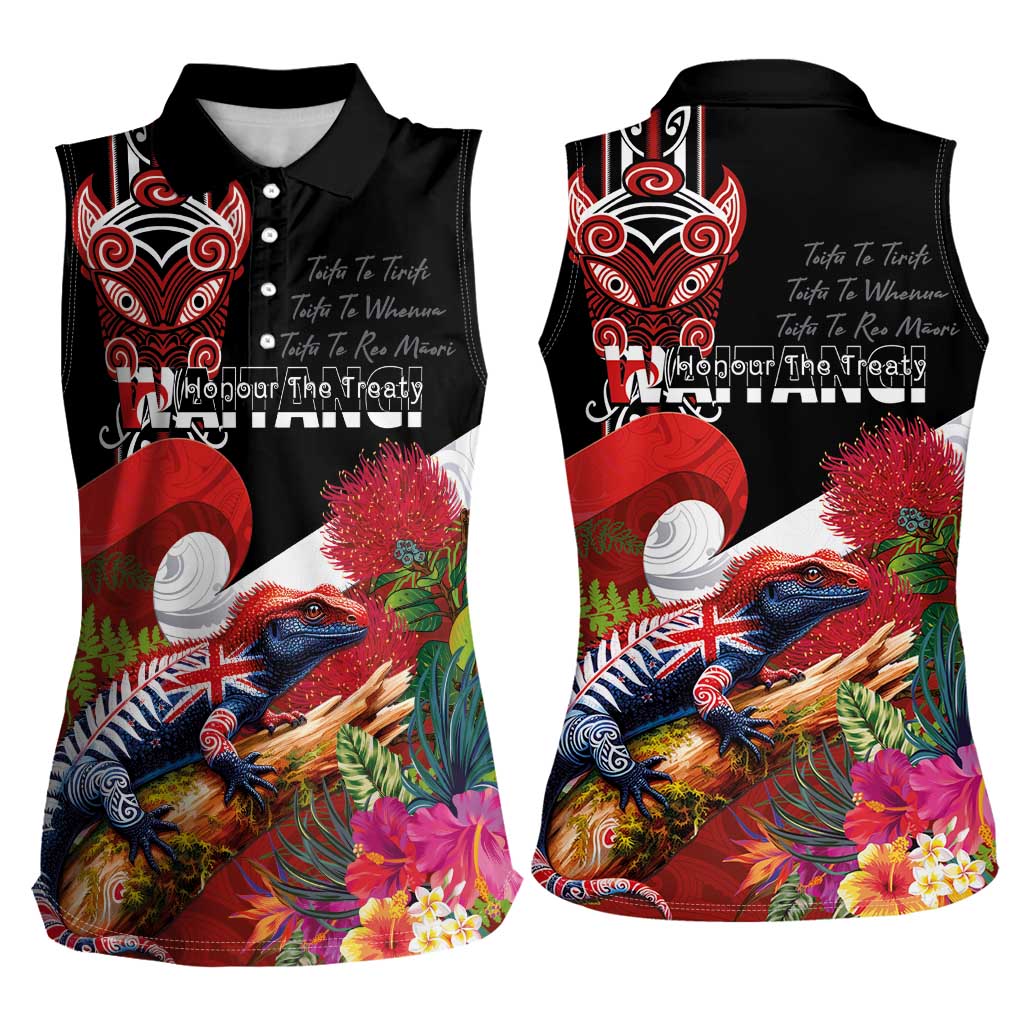 Aotearoa Toitu Te Tiriti Women Sleeveless Polo Shirt Waitangi-Honour The Treaty NZ Tuatara and Plants