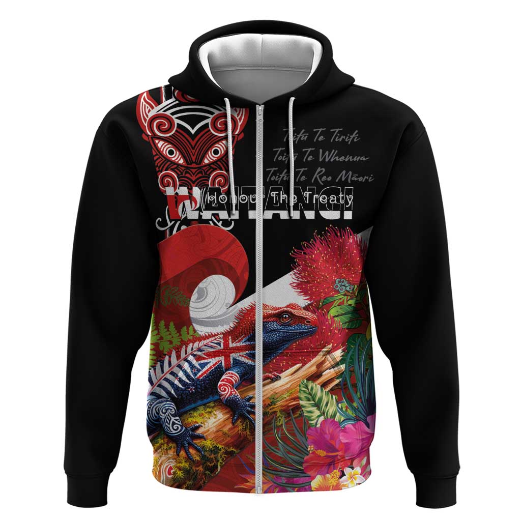 Aotearoa Toitu Te Tiriti Zip Hoodie Waitangi-Honour The Treaty NZ Tuatara and Plants