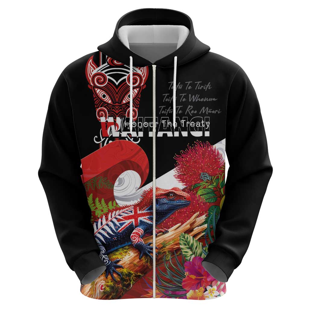 Aotearoa Toitu Te Tiriti Zip Hoodie Waitangi-Honour The Treaty NZ Tuatara and Plants
