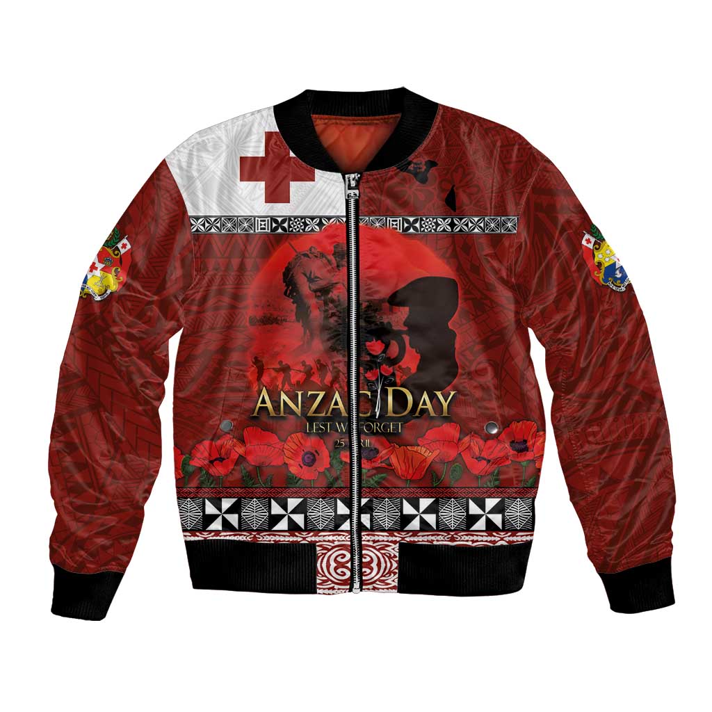 Tonga ANZAC Day Bomber Jacket Gallipoli Lest We Forget Ngatu Art Tribal LT03 Unisex Red - Polynesian Pride
