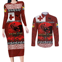 Tonga ANZAC Day Couples Matching Long Sleeve Bodycon Dress and Long Sleeve Button Shirt Gallipoli Lest We Forget Ngatu Art Tribal