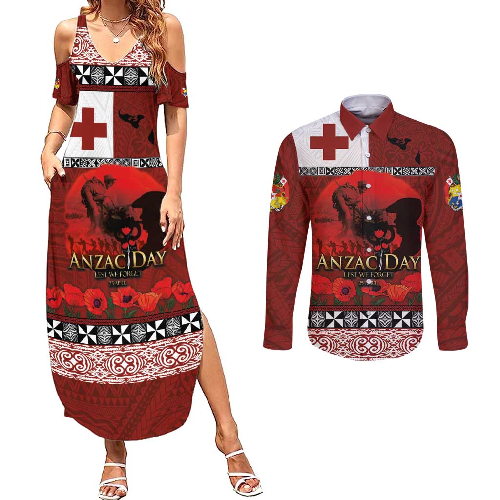 Tonga ANZAC Day Couples Matching Summer Maxi Dress and Long Sleeve Button Shirt Gallipoli Lest We Forget Ngatu Art Tribal