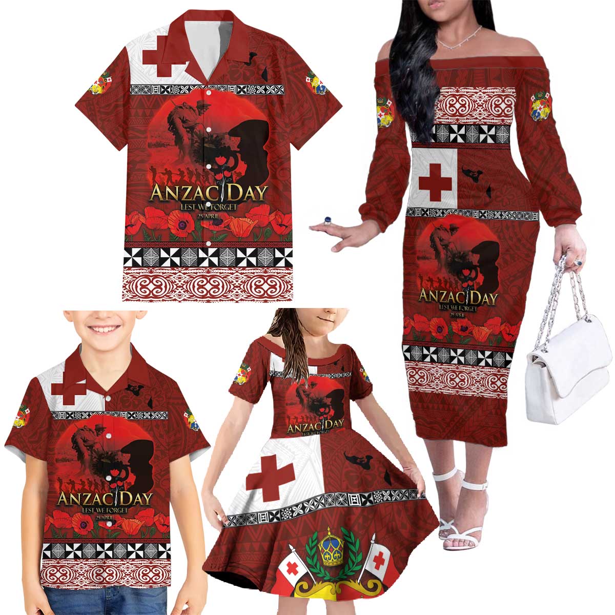 Tonga ANZAC Day Family Matching Off The Shoulder Long Sleeve Dress and Hawaiian Shirt Gallipoli Lest We Forget Ngatu Art Tribal