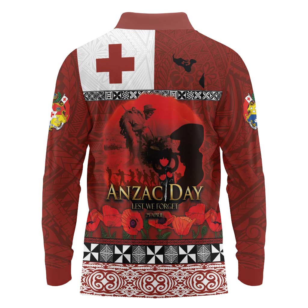 Tonga ANZAC Day Long Sleeve Polo Shirt Gallipoli Lest We Forget Ngatu Art Tribal
