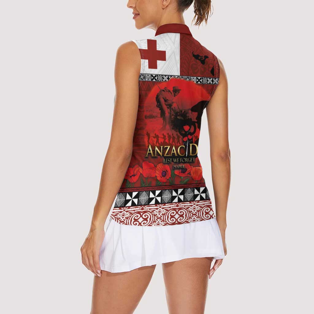 Tonga ANZAC Day Women Sleeveless Polo Shirt Gallipoli Lest We Forget Ngatu Art Tribal