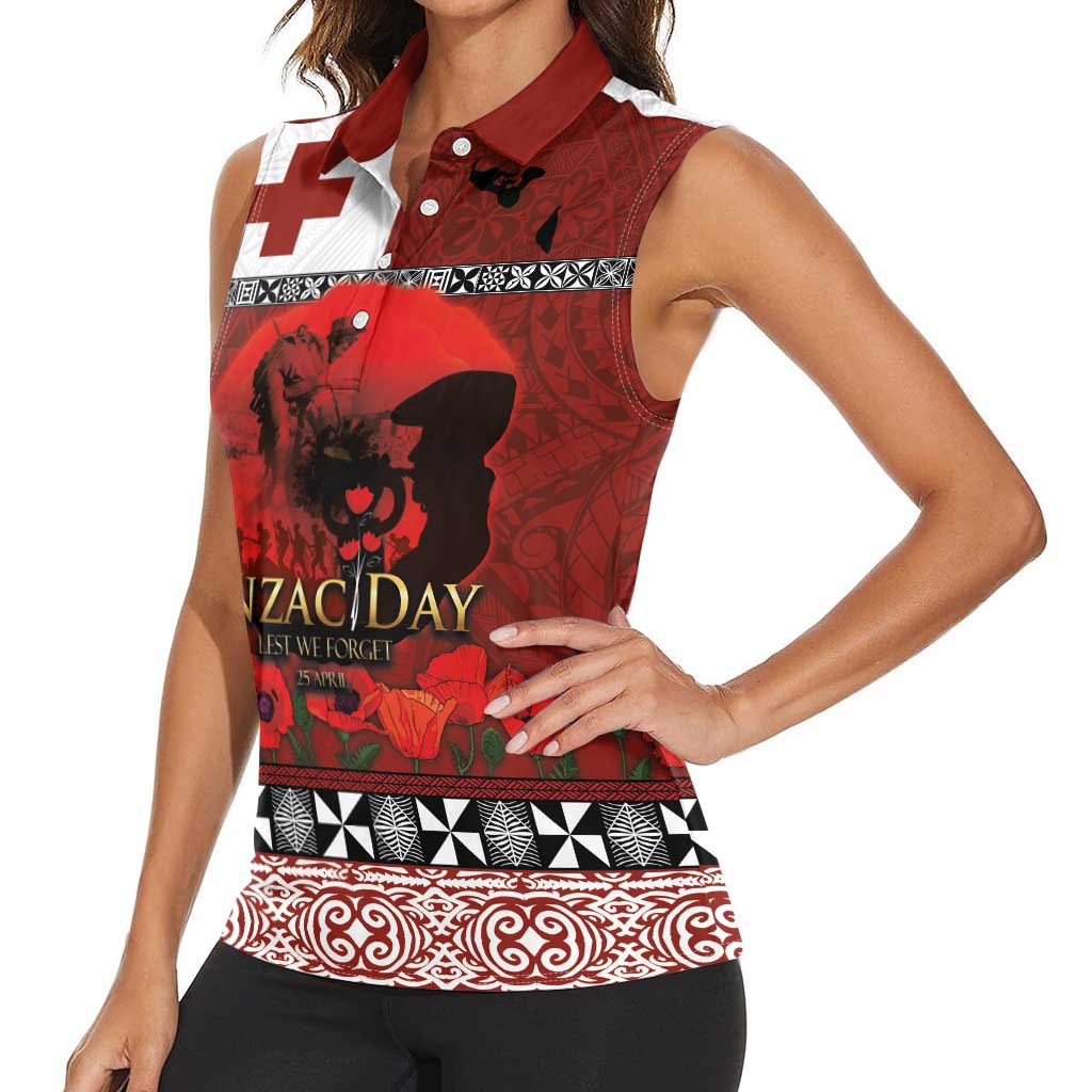 Tonga ANZAC Day Women Sleeveless Polo Shirt Gallipoli Lest We Forget Ngatu Art Tribal