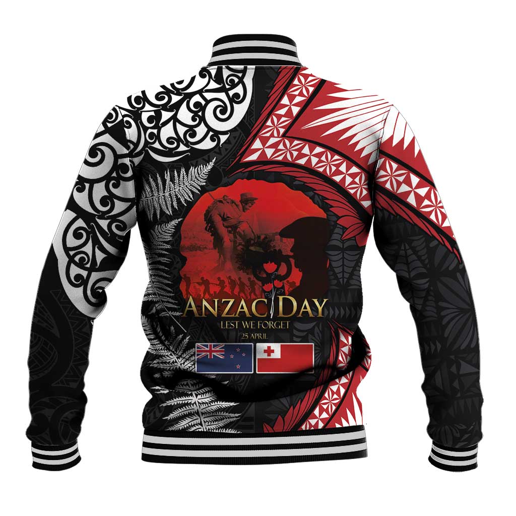 Tonga and New Zealand ANZAC Day Baseball Jacket Gallipoli Lest We Forget Ngatu Art Tribal and Maori Tattoo with Fern LT03