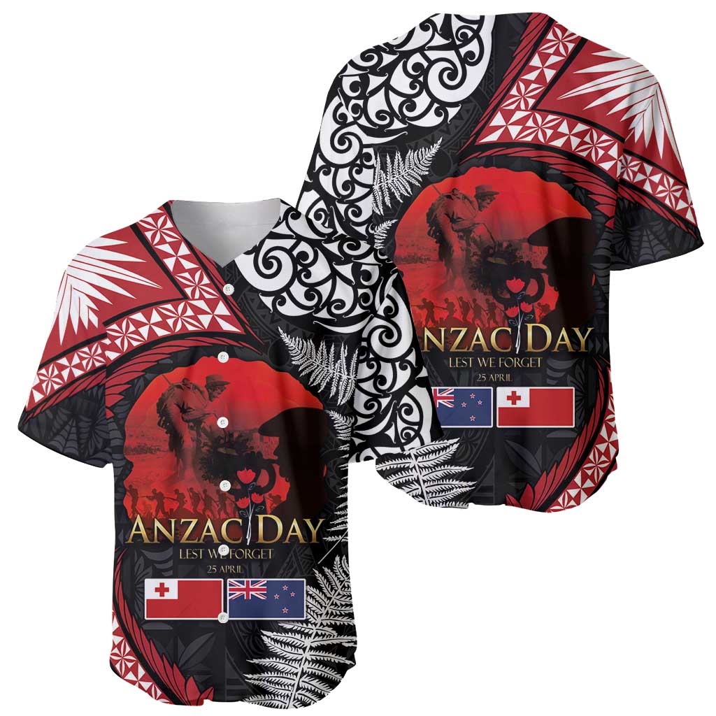 Tonga and New Zealand ANZAC Day Baseball Jersey Gallipoli Lest We Forget Ngatu Art Tribal and Maori Tattoo with Fern LT03