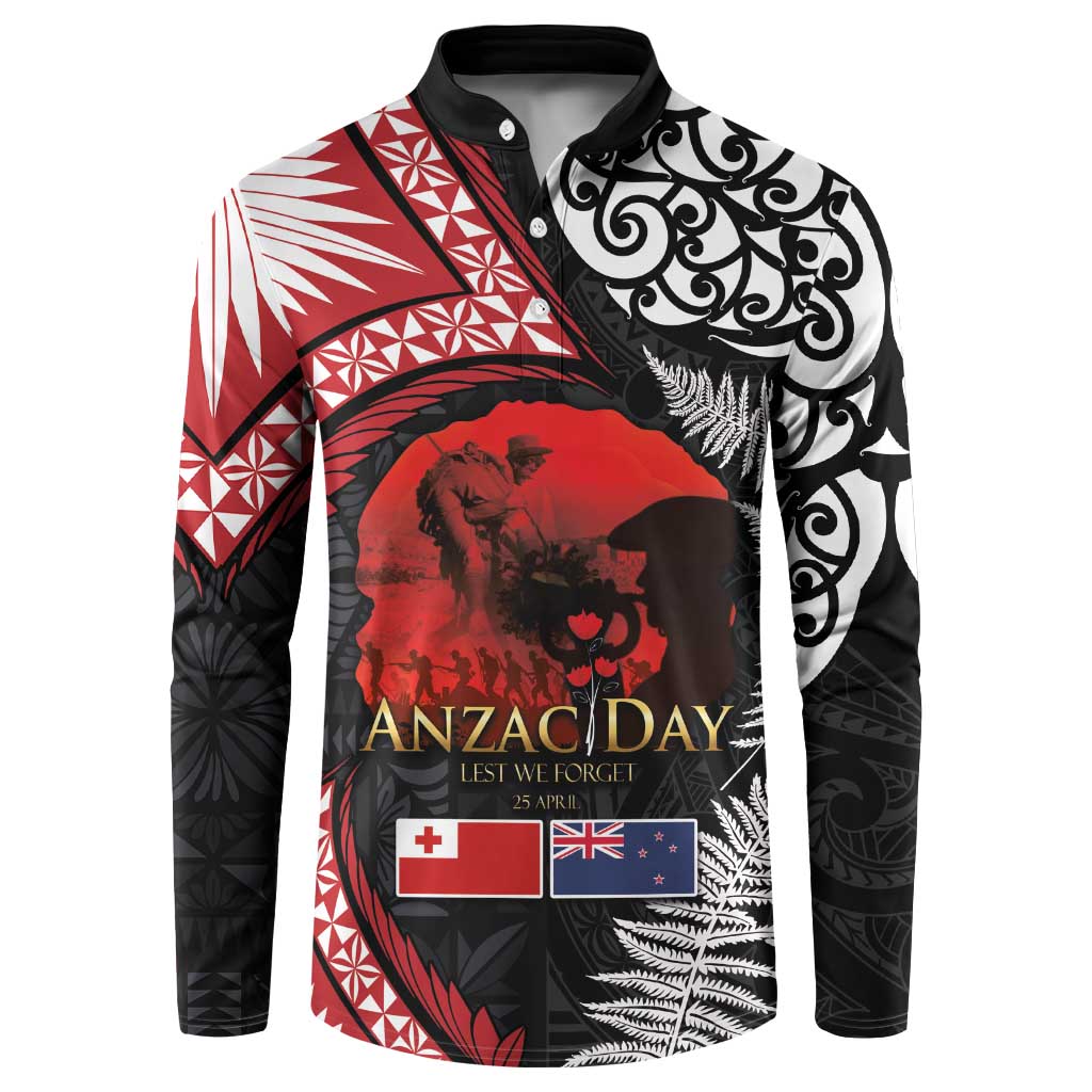 Tonga and New Zealand ANZAC Day Button Sweatshirt Gallipoli Lest We Forget Ngatu Art Tribal and Maori Tattoo with Fern LT03