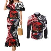 Tonga and New Zealand ANZAC Day Couples Matching Mermaid Dress and Long Sleeve Button Shirt Gallipoli Lest We Forget Ngatu Art Tribal and Maori Tattoo with Fern LT03