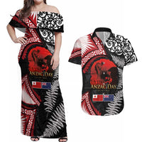 Tonga and New Zealand ANZAC Day Couples Matching Off Shoulder Maxi Dress and Hawaiian Shirt Gallipoli Lest We Forget Ngatu Art Tribal and Maori Tattoo with Fern LT03