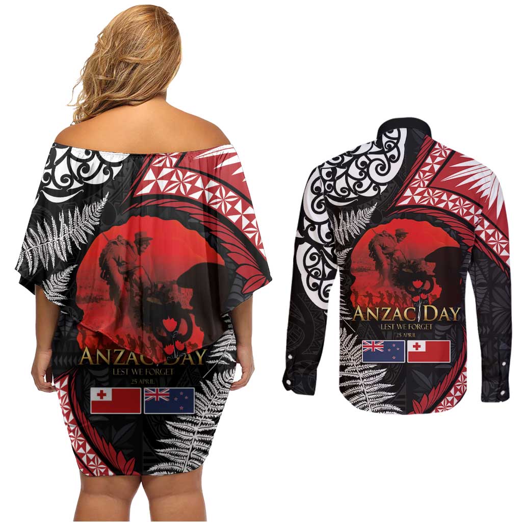 Tonga and New Zealand ANZAC Day Couples Matching Off Shoulder Short Dress and Long Sleeve Button Shirt Gallipoli Lest We Forget Ngatu Art Tribal and Maori Tattoo with Fern LT03