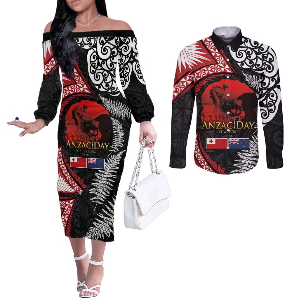 Tonga and New Zealand ANZAC Day Couples Matching Off The Shoulder Long Sleeve Dress and Long Sleeve Button Shirt Gallipoli Lest We Forget Ngatu Art Tribal and Maori Tattoo with Fern LT03