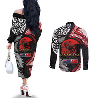 Tonga and New Zealand ANZAC Day Couples Matching Off The Shoulder Long Sleeve Dress and Long Sleeve Button Shirt Gallipoli Lest We Forget Ngatu Art Tribal and Maori Tattoo with Fern LT03