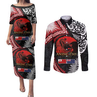 Tonga and New Zealand ANZAC Day Couples Matching Puletasi and Long Sleeve Button Shirt Gallipoli Lest We Forget Ngatu Art Tribal and Maori Tattoo with Fern LT03