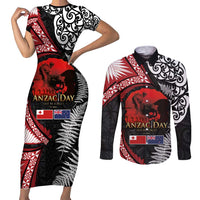 Tonga and New Zealand ANZAC Day Couples Matching Short Sleeve Bodycon Dress and Long Sleeve Button Shirt Gallipoli Lest We Forget Ngatu Art Tribal and Maori Tattoo with Fern LT03