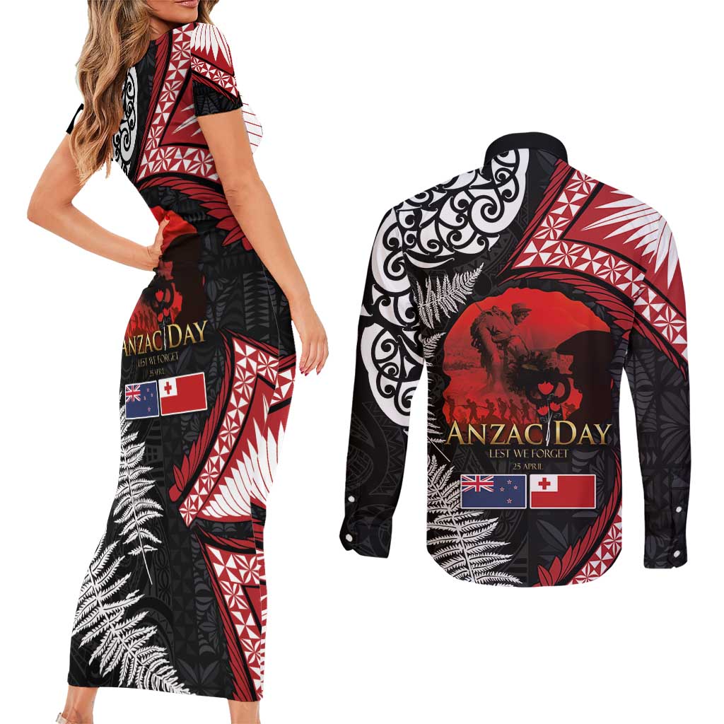Tonga and New Zealand ANZAC Day Couples Matching Short Sleeve Bodycon Dress and Long Sleeve Button Shirt Gallipoli Lest We Forget Ngatu Art Tribal and Maori Tattoo with Fern LT03