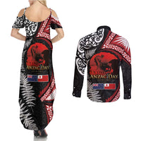Tonga and New Zealand ANZAC Day Couples Matching Summer Maxi Dress and Long Sleeve Button Shirt Gallipoli Lest We Forget Ngatu Art Tribal and Maori Tattoo with Fern LT03
