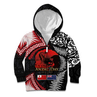 Tonga and New Zealand ANZAC Day Kid Hoodie Gallipoli Lest We Forget Ngatu Art Tribal and Maori Tattoo with Fern LT03