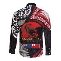 Tonga and New Zealand ANZAC Day Long Sleeve Button Shirt Gallipoli Lest We Forget Ngatu Art Tribal and Maori Tattoo with Fern LT03