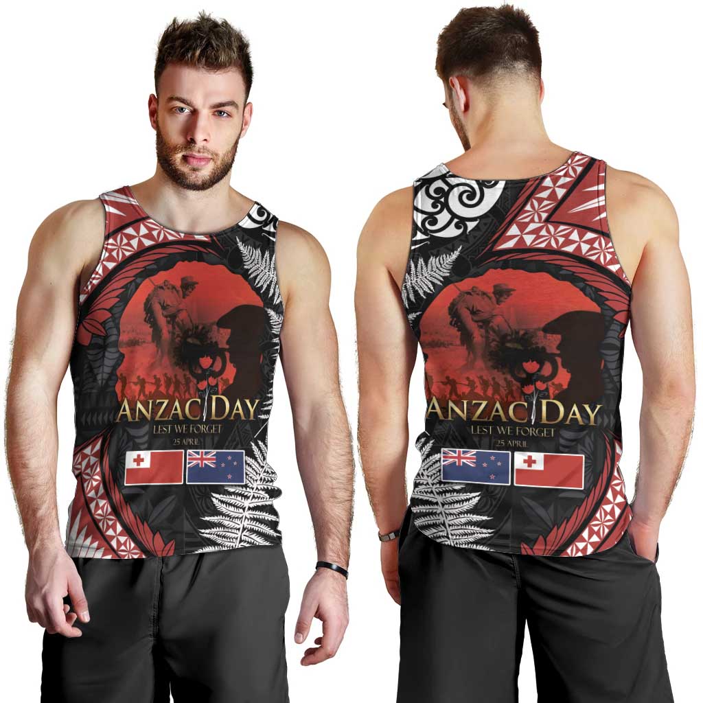Tonga and New Zealand ANZAC Day Men Tank Top Gallipoli Lest We Forget Ngatu Art Tribal and Maori Tattoo with Fern LT03