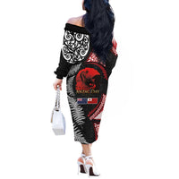 Tonga and New Zealand ANZAC Day Off The Shoulder Long Sleeve Dress Gallipoli Lest We Forget Ngatu Art Tribal and Maori Tattoo with Fern LT03