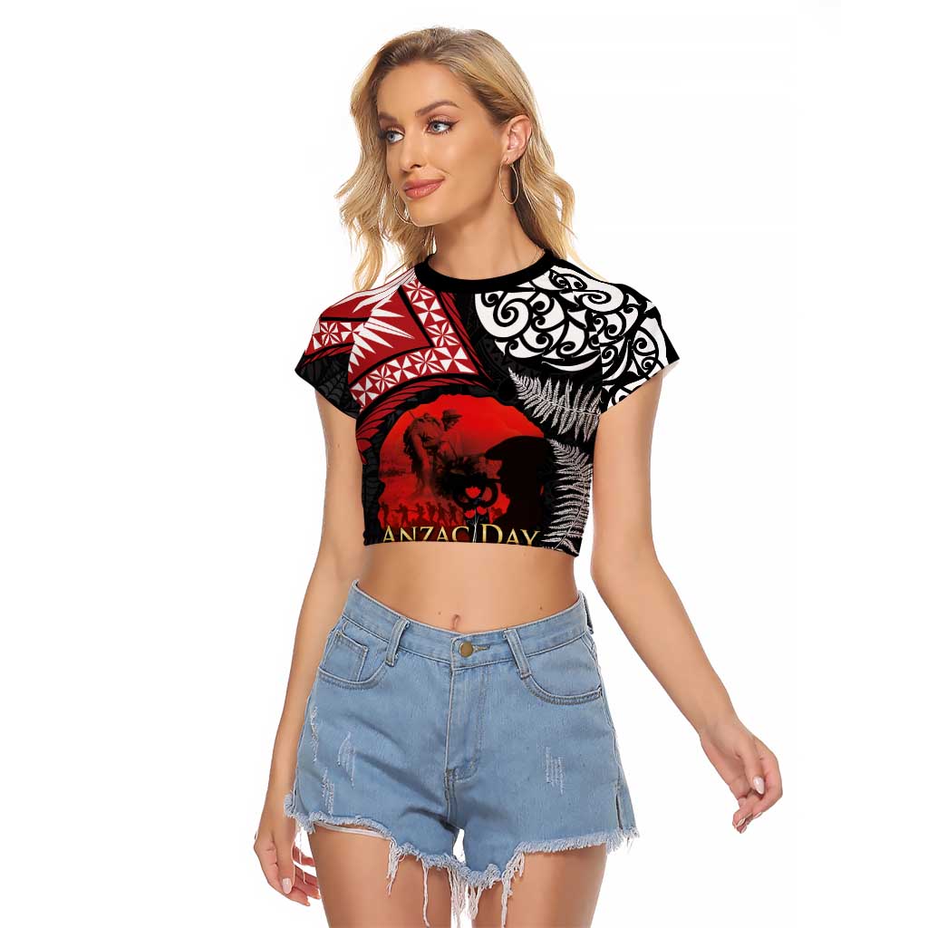 Tonga and New Zealand ANZAC Day Raglan Cropped T Shirt Gallipoli Lest We Forget Ngatu Art Tribal and Maori Tattoo with Fern LT03