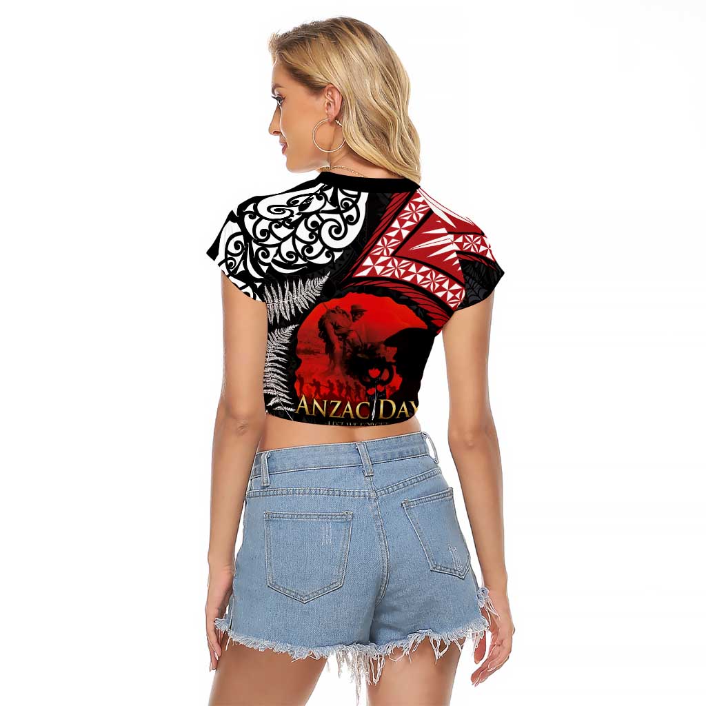 Tonga and New Zealand ANZAC Day Raglan Cropped T Shirt Gallipoli Lest We Forget Ngatu Art Tribal and Maori Tattoo with Fern LT03