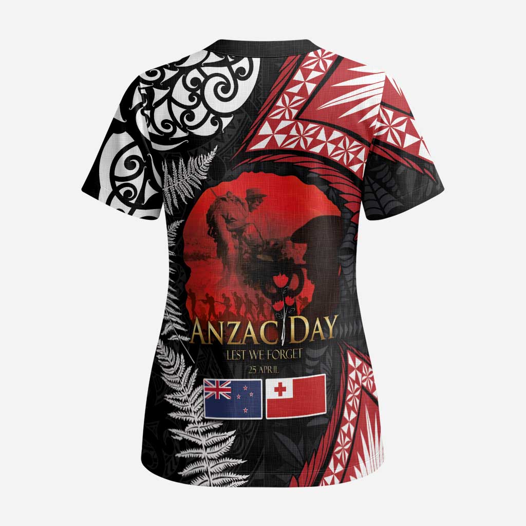 Tonga and New Zealand ANZAC Day Scrub Top Gallipoli Lest We Forget Ngatu Art Tribal and Maori Tattoo with Fern - Polynesian Pride