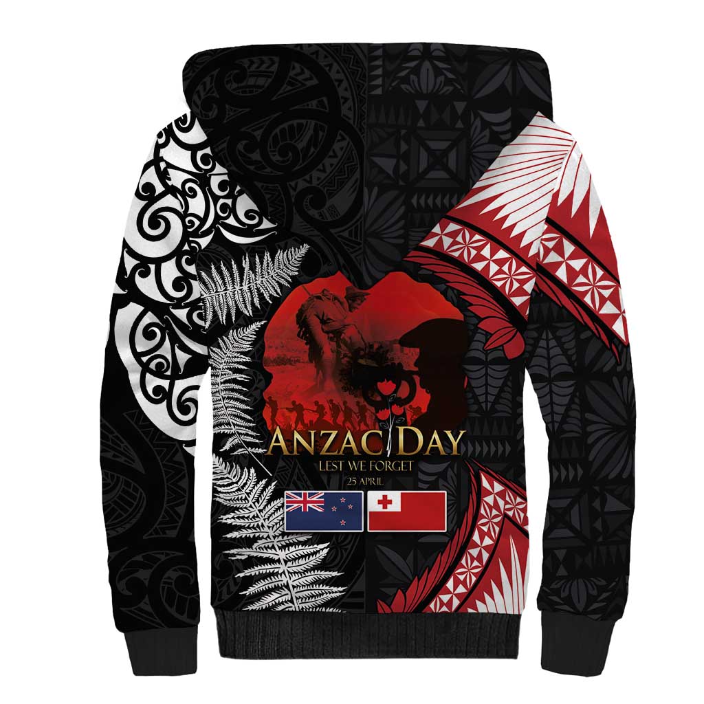 Tonga and New Zealand ANZAC Day Sherpa Hoodie Gallipoli Lest We Forget Ngatu Art Tribal and Maori Tattoo with Fern LT03